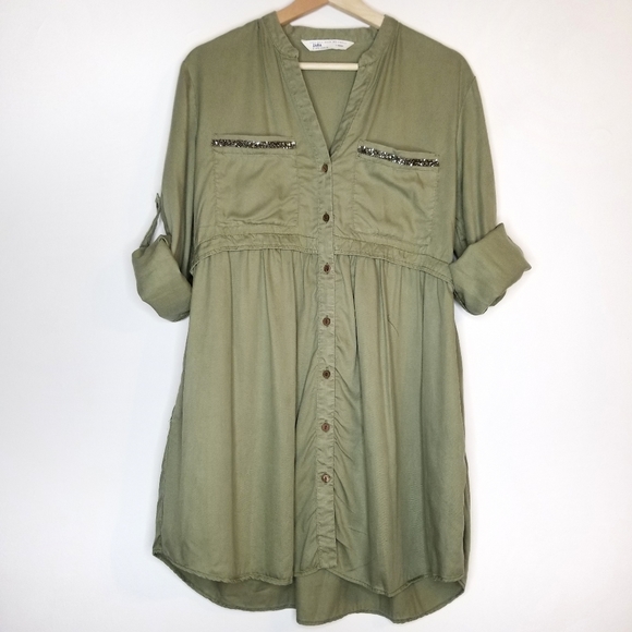 Zara Dresses & Skirts - ZARA Beaded Shirt Dress Light Khaki Tencel Safari